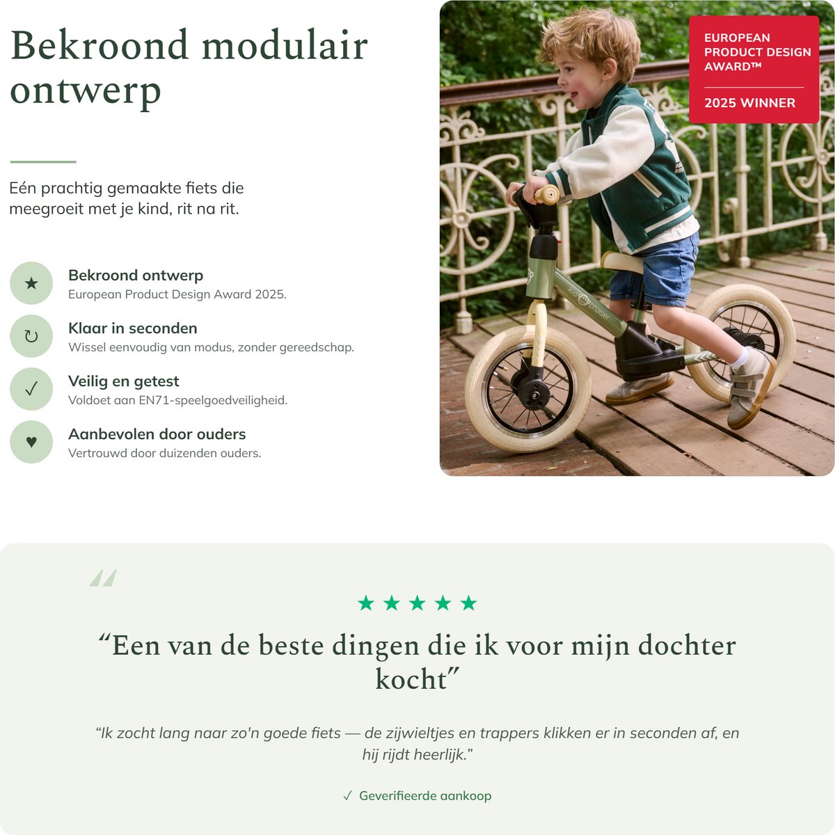 Kidcruiser Loopfiets 2+ jaar - Optioneel met LED Zijwieltjes & Trappers - 3-in-1 Kinderfiets - 12 inch – Donker Groen – Modulair Design — afbeelding 9