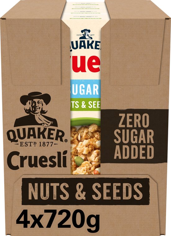 Verpakking van 4x720g Quaker Cruesli Zero Sugar Added NUTS & SEEDS ontbijtgranen.