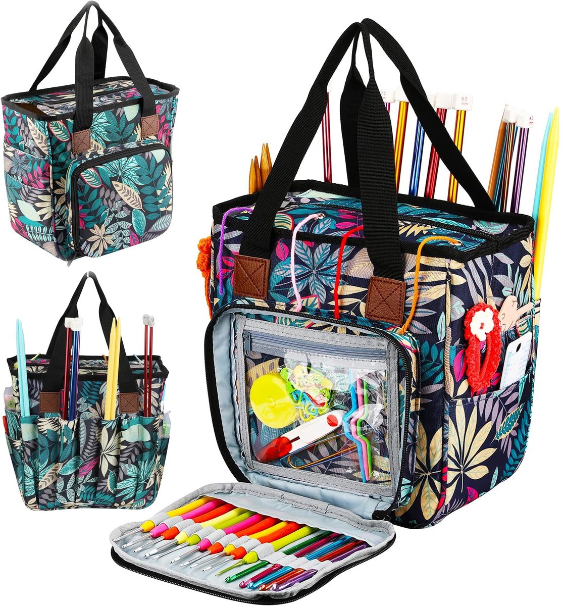 Dailygoods- Opbergtas Hoge Capaciteit - Organizer voor Garen/Haaknaalden - Draagbare Tas - Transparant Vak met Rits - 15 Sleuven voor Haakhaken - Dubbellaagse Zakken - Breitas
