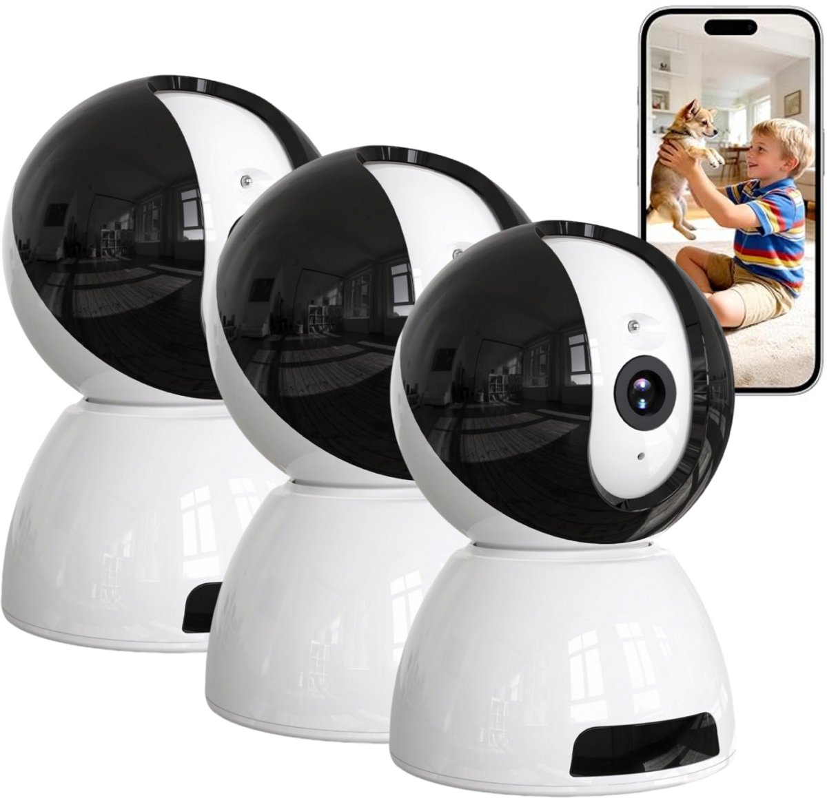 Beveiligingscamera Binnen - 2K Pan & Tilt - Indoor Cam - Binnencamera - Huisdiercamera - Nachtzicht - Bewegings- en geluidsdetectie - Tweerichtingsaudio - Beveiligingscamera Met WiFi en App – Compatibel met Amazon Alexa - 3PC