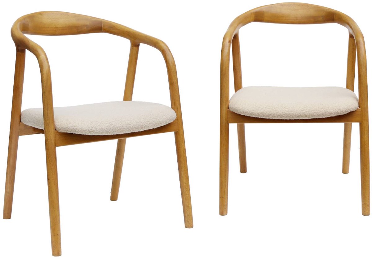 sweeek Set van 2 stoelen van rubberhout, zitting bouclé vintage - l 55 x b 57 x h 79 cm - sara Naturel