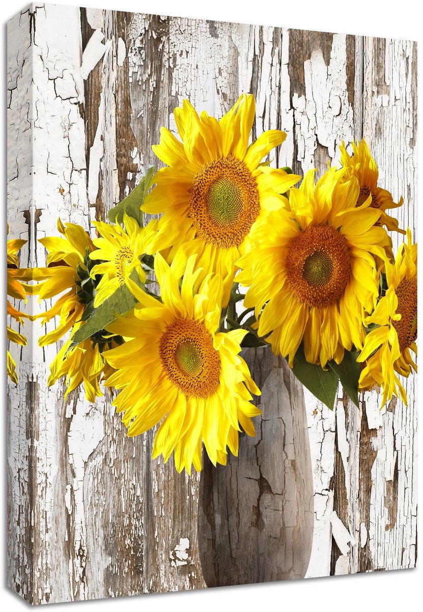 Dailygoods- Canvasprint Rustieke Zonnebloem - Houten Lijst - 30x40 cm - HD-Fotoprint - Lichtbestendig - Muurdecoratie Klaar om op te Hangen - Muurkunst