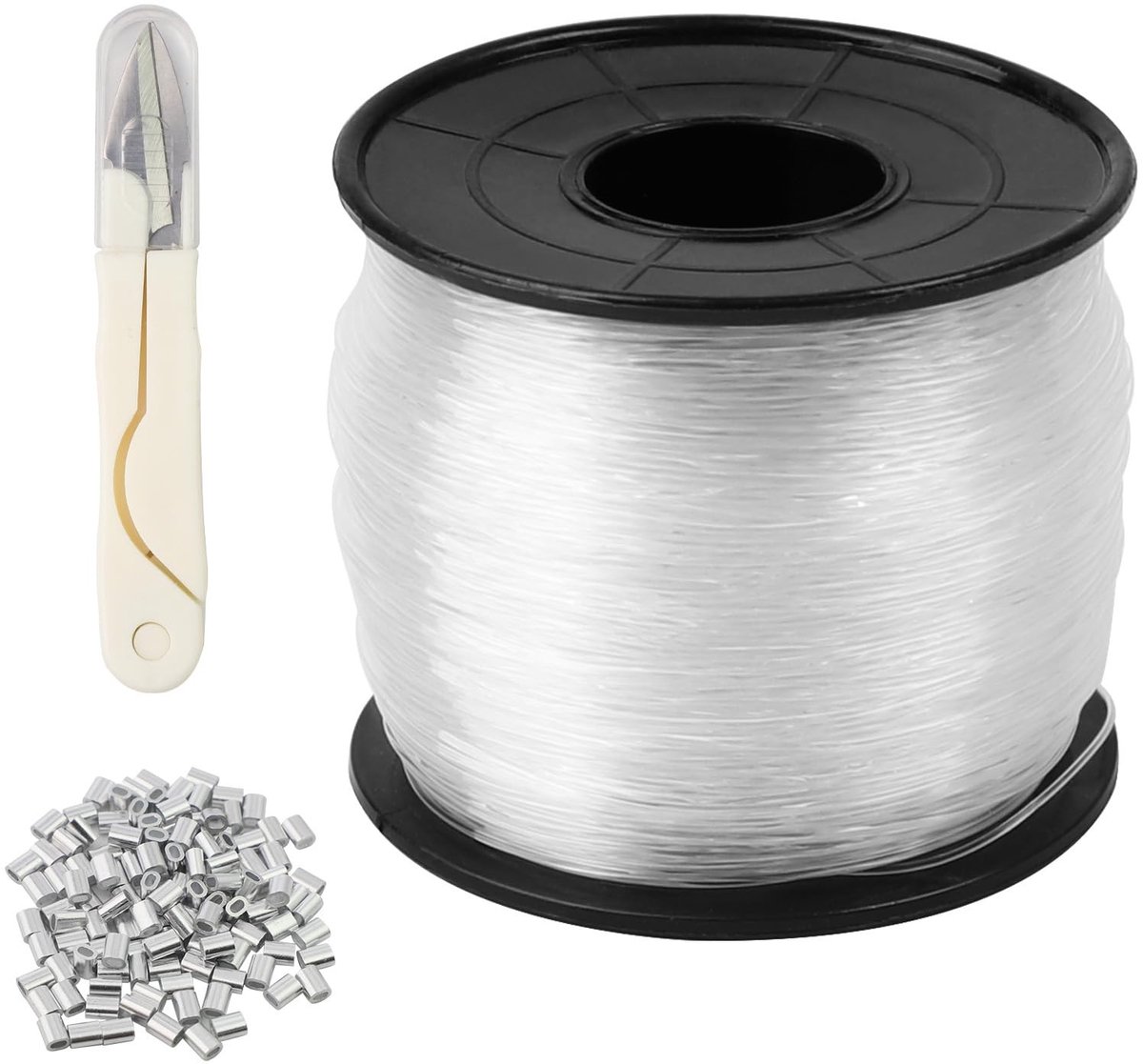 Dailygoods - Hengellijn, nylon koord met schaar, 0,6 mm x 200 m, transparant nylondraad, scheurvast, onzichtbaar sterk nylon koord om op te hangen, transparant monofilament vislijn voor sieraden, knutselen