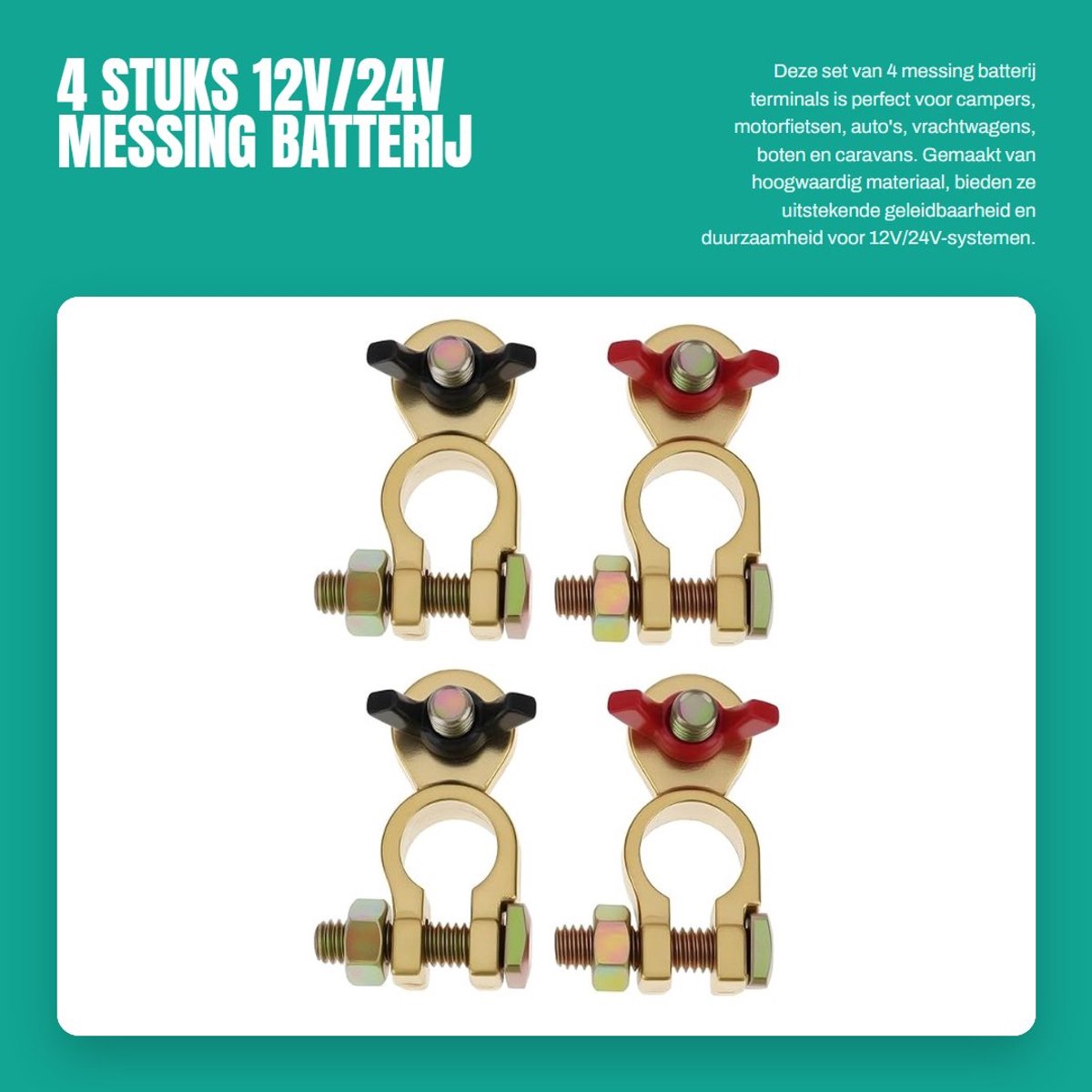Dailygoods - 4 Stuks 12V/24V Messing Batterij Terminals Klemmen met Vleugelmoeren