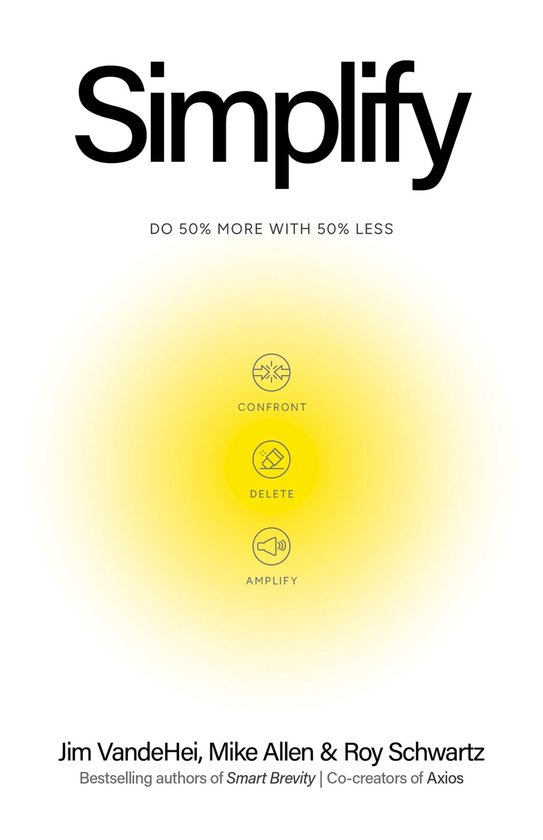 Livre 'Simplify' avec le texte 'Faites 50% de plus avec 50% de moins' et les mots 'Confront', 'Delete', 'Amplify'.
