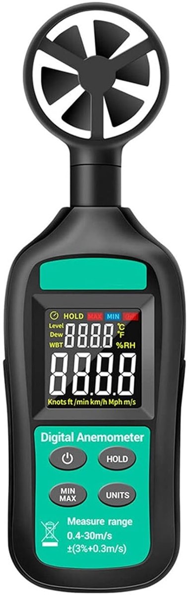 Digitale Windmeter - Lucht Snelheid - Buiten Meten - Max Min Gemiddeld - 0.4-30m/s - Zwart