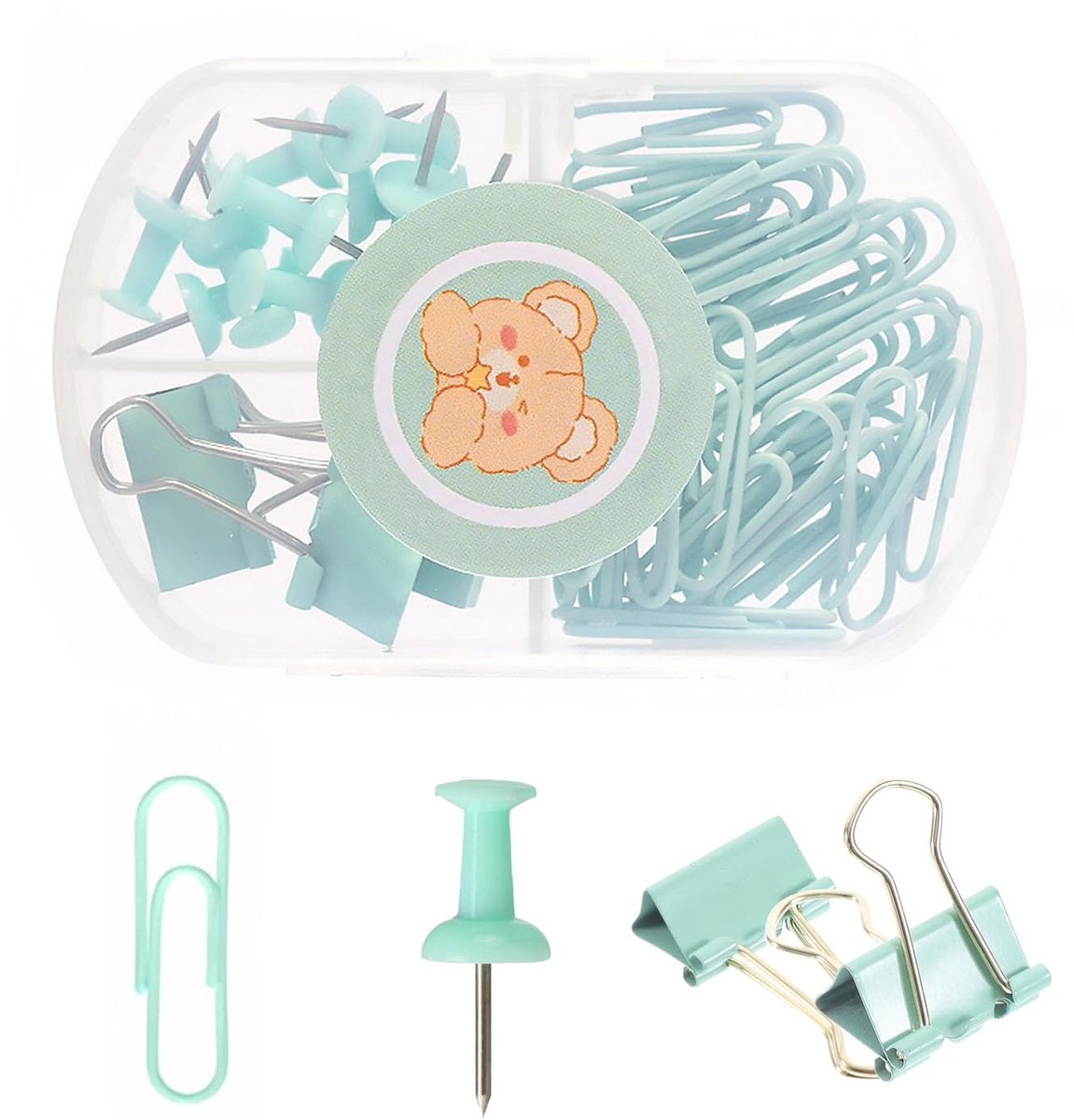 Dailygoods- Kantoorbenodigdheden set - 40 stuks foldback klemmen - 10 stuks punaises - 3 stuks bindclips - Hoogwaardig metaal - Mintgroen design - Kantoorartikelen