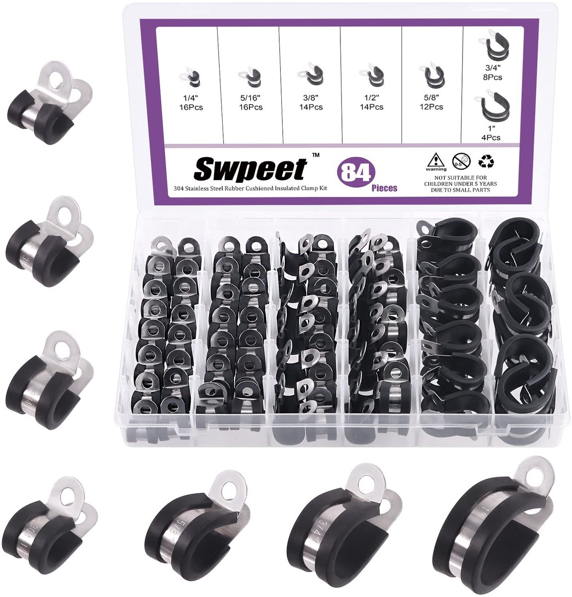 Dailygoods - Swpeet 84pcs Heavy Duty 7 maten 1/4 '' 5/16 '' 3/8 '' 1/2 '' 5/8 '' 3/4 '' 1 '' Rubber gewatteerde 304 roestvrij stalen slangklemmen Kabelklemmen Assortiment Kit perfect voor het vasthouden van buizen