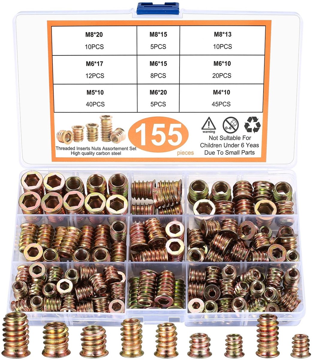 Dailygoods- Schroefdraadinzetmoeren 155-delig Set - M4/M5/M6/M8 Inbusmoeren - Inschroefmof Assortiment - Zink - Corrosiebestendig - Duurzaam Materiaal - Inzetmoeren