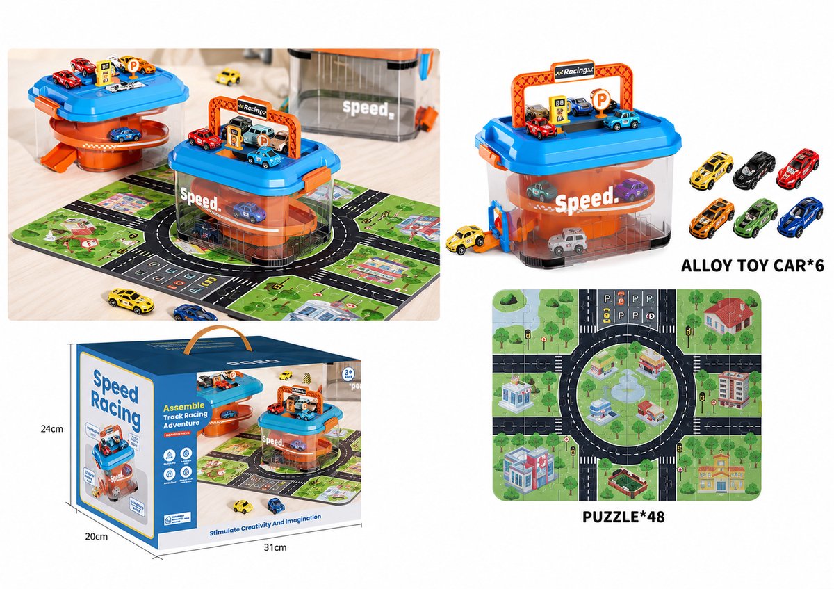 OODBLUE Speelgoed Parkeergarage met Opbergbox - Racebaan met 6 Die-cast Auto’s en 48-delige Speelmat - Draagbaar Autogarage Speelset - Vanaf 3 Jaar