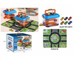 OODBLUE Speelgoed Parkeergarage met Opbergbox - Racebaan met 6 Die-cast Auto’s en 48-delige Speelmat - Draagbaar Autogarage Speelset - Vanaf 3 Jaar