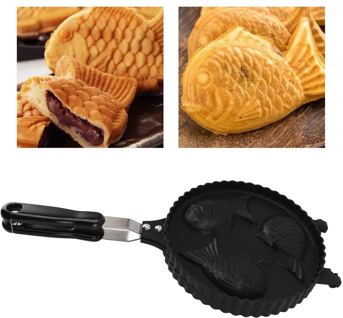 Dailygoods- Wafelijzer Dubbelzijdig - Visvormig - Aluminium - 42x19,5 cm - 3 Viswafels tegelijk - Lichtgewicht 755 g - Bakvorm