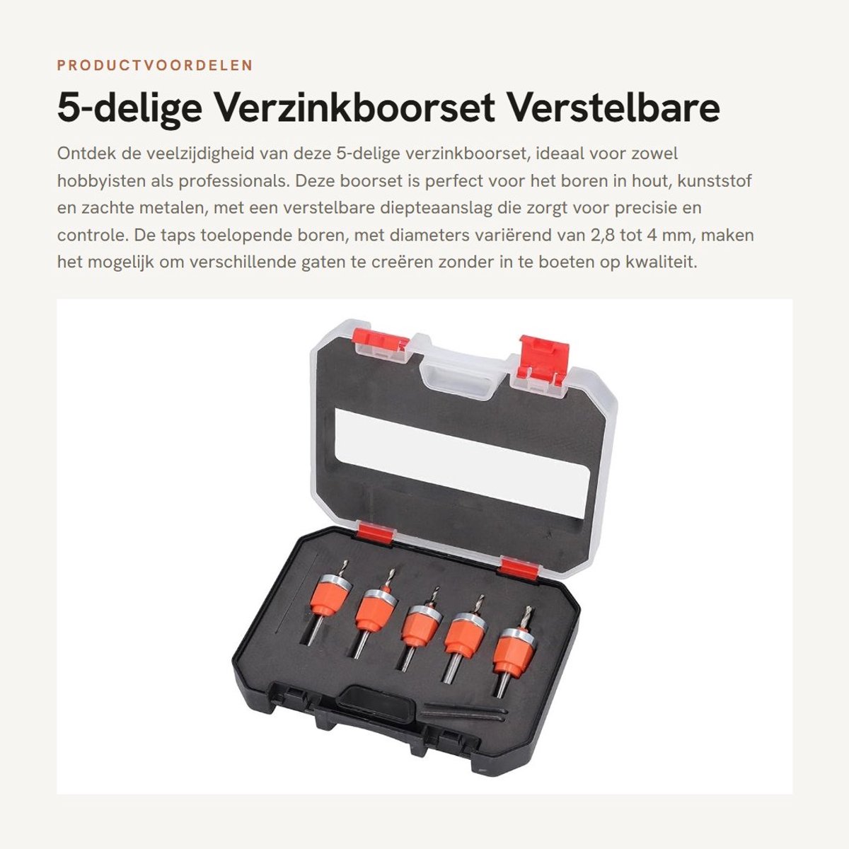 Dailygoods- Verzinkboorset 5-delig - Verstelbare Diepteaanslag - Efficiënte Spaanverwijdering - Taps Toelopende Boren - Geschikt voor Hout/Metaal - Stevige Constructie - Boorset