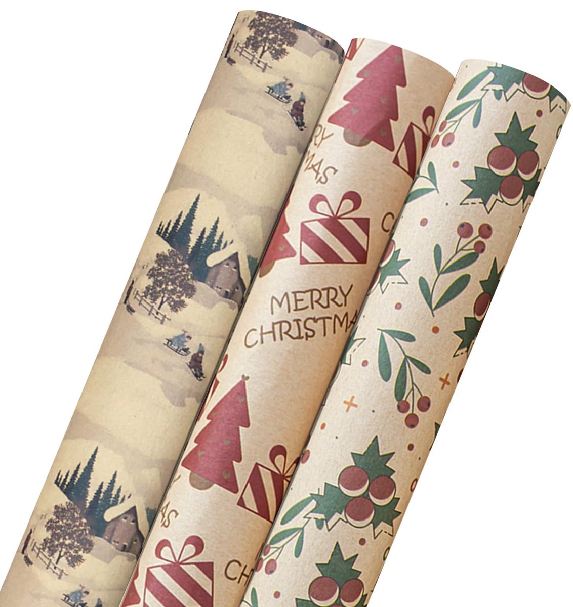Dailygoods- Cadeaupapier Kerstmis - Rol van 5 m - 3 Stuks - Kraftpapier - Duurzame Geschenkverpakking - Hoogwaardig Materiaal - Feestelijke Ontwerpen - Inpakpapier