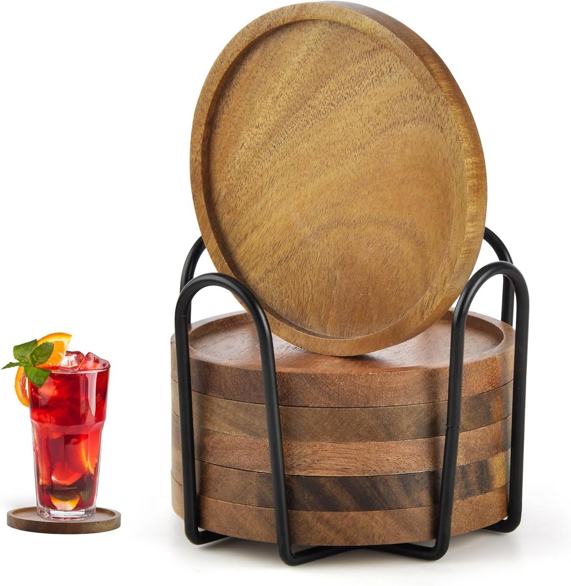 Set van 6 Houten Onderzetters voor Glazen, Acaciahouten Coasters met Houder, Ideaal voor Dranken en Bargebruik, Diameter 10 cm
