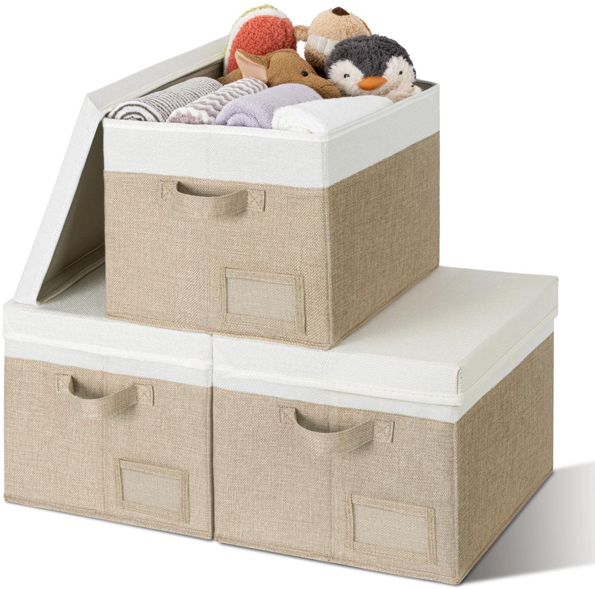 Dailygoods- Opbergboxen met Deksels - Set van 3 Opbergdozen - Opvouwbaar - Handgrepen - Stof en Karton - Bescherming tegen Stof