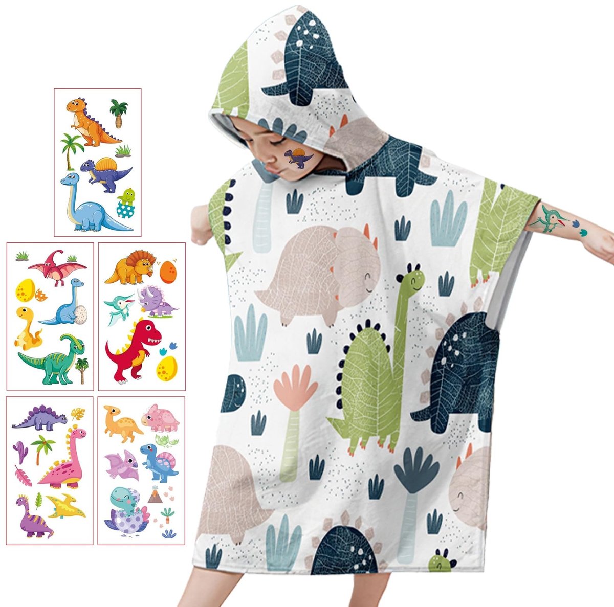 Dailygoods - Badponcho voor Kinderen met Capuchon - Dinosaurus Microvezel Handdoek 75 x 65 cm