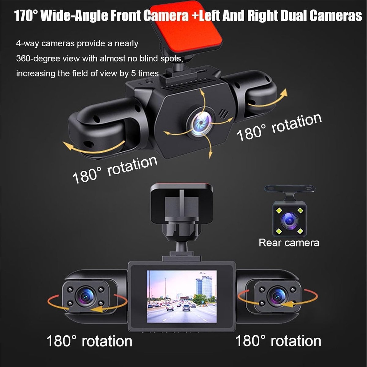 KZQ 4-kanaals dashcam auto 360 graden met 4 camera's 1080p voor achter links rechts 2 inch scherm full view opname met 32GB SD-kaart voor maximale veiligheid thumbnail 5
