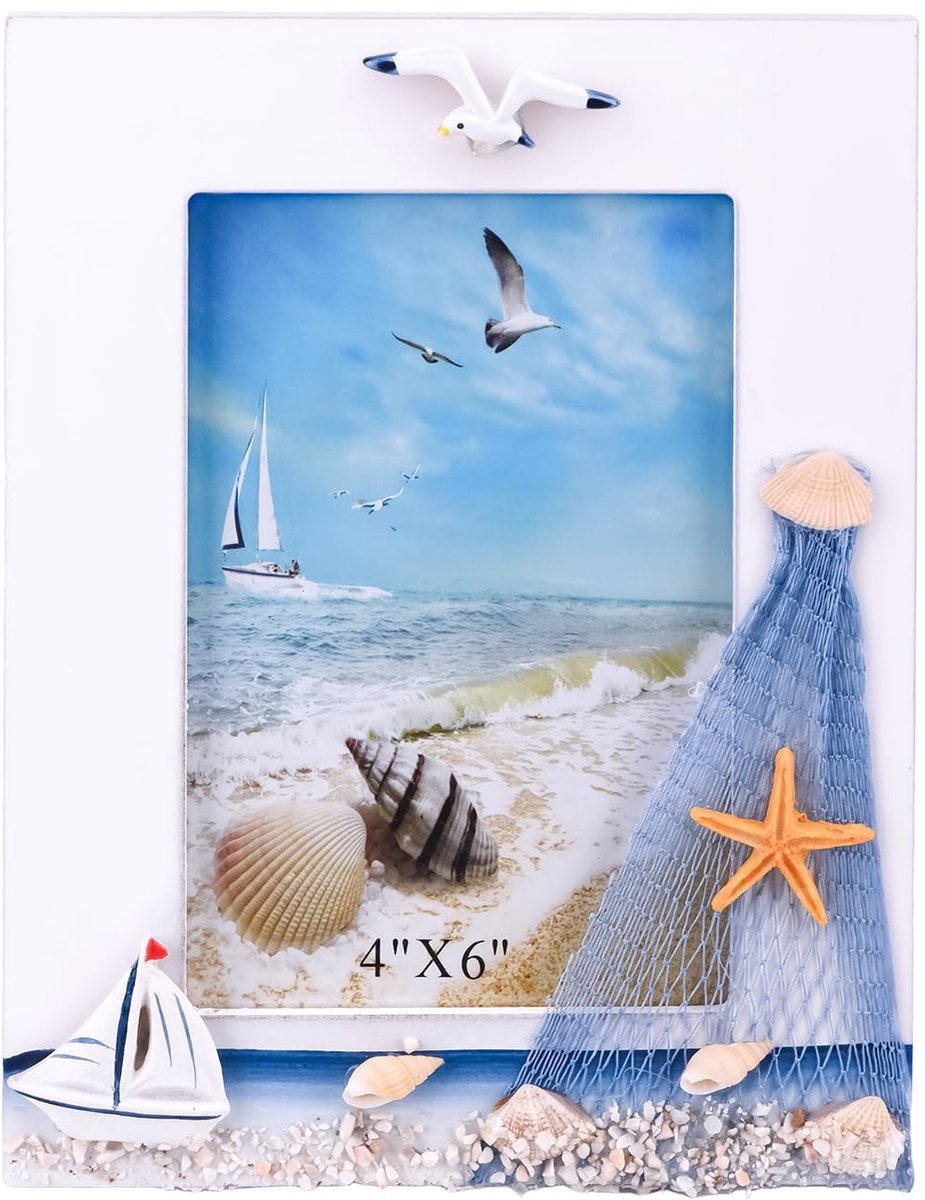 Dailygoods- Fotolijst Houten Vintage - Fotolijst 10x15 cm - Nautische Stijl - Decoratie met Schelpen/Zeilboot - Eenvoudig te Monteren - Blauw/Wit - Fotoframe