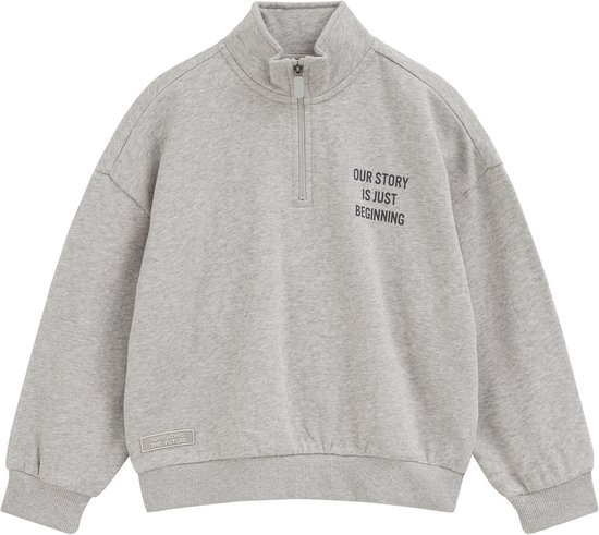 Grijze sweater met quarter-zip en de tekst 'OUR STORY IS JUST BEGINNING' op de borst.