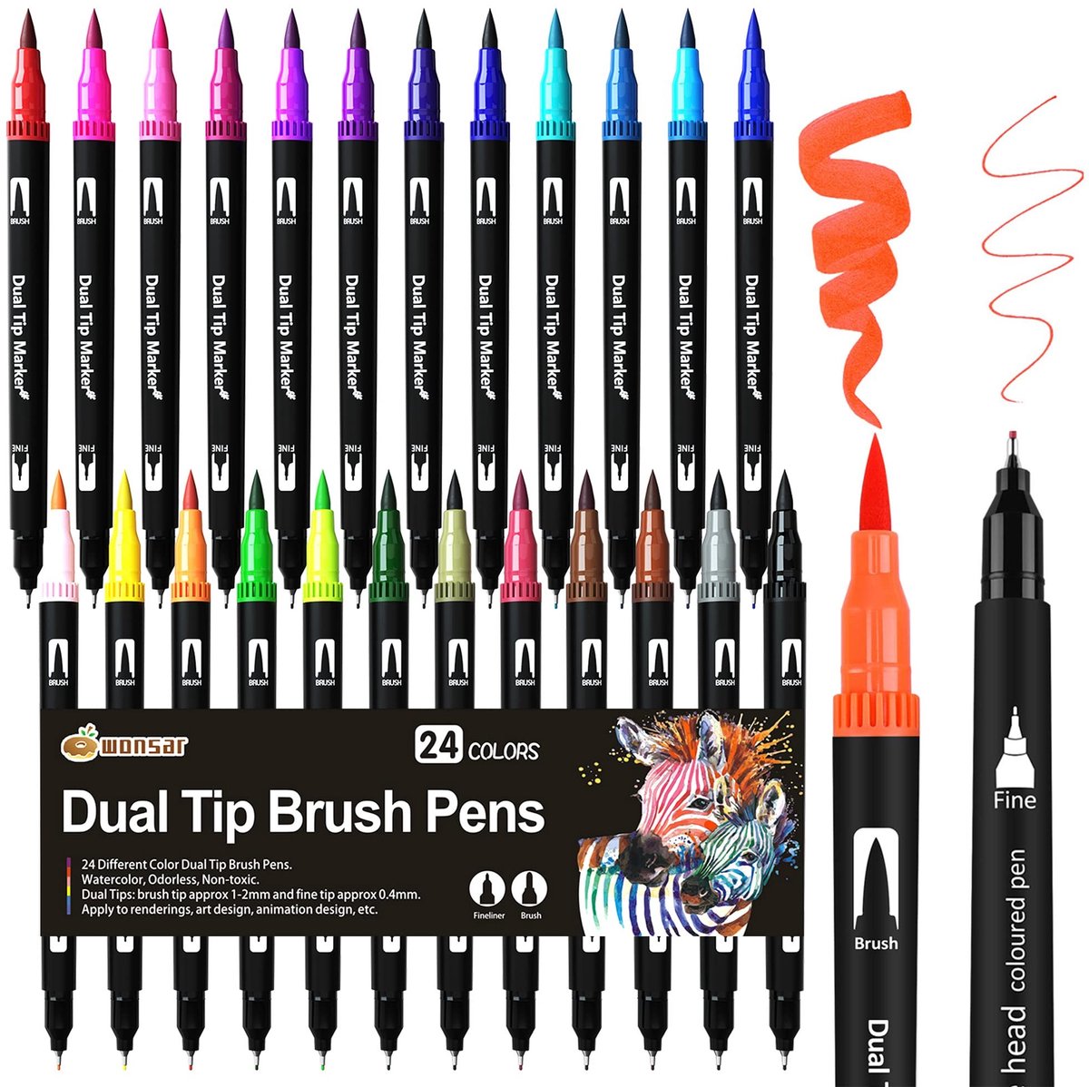 Dailygoods- Viltstiften 24 Kleuren - Penseelstiften - Fineliner - Marker - Kleurpennen - Creatief Schrijven - Dubbele Punten