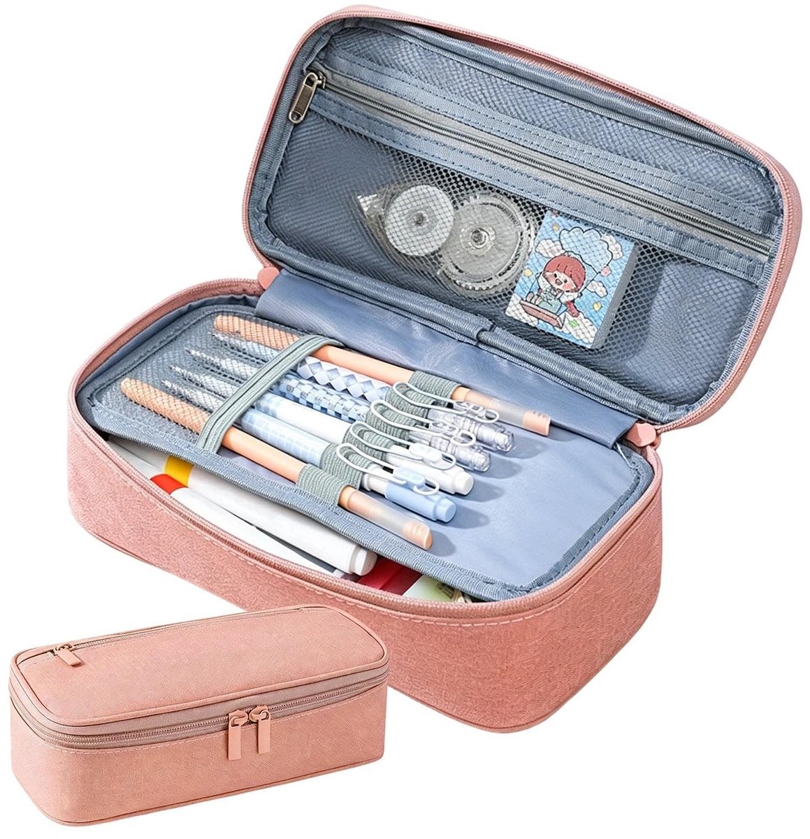 Dailygoods- Pennenetui grote capaciteit - Etui voor studenten - Draagbaar - Oxford-stof - Roze - 23 × 11 × 6,5 cm