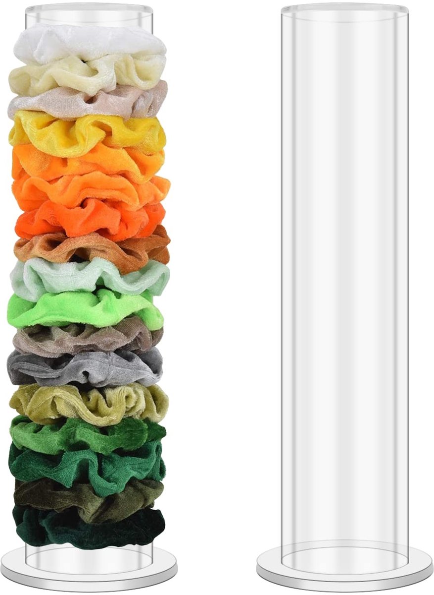 Dailygoods- Scrunchie Houder Verticale Opslag - Acryl Houder - Opbergstandaard - Geschikt voor 15-25 Haarelastieken - Afmetingen 8,5 x 8,5 x 24,5 cm - Ruimtebesparend - Haarelastieken Organizer