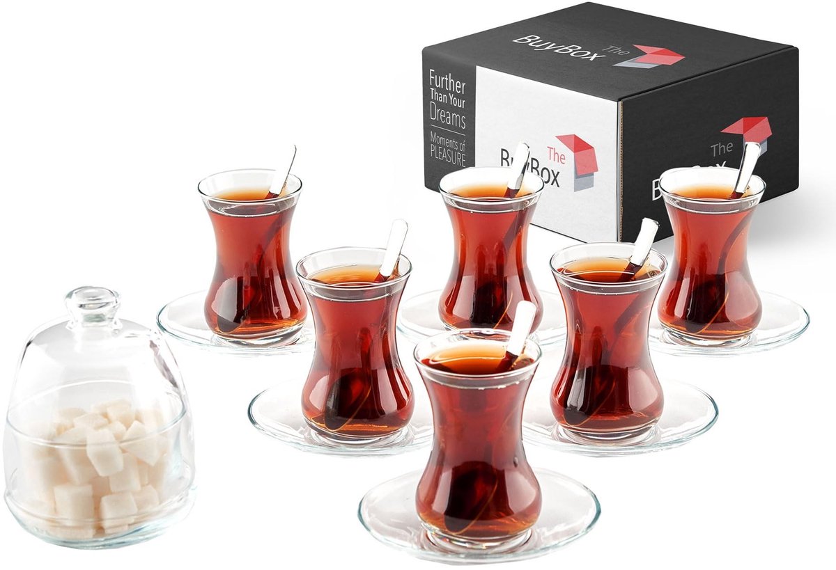 Dailygoods- Theeset 19-delig - 6 Theeglazen 135 ml - 6 Schotels - 6 Roestvrijstalen Lepels - Suikerpot 255 ml - Traditioneel Turks Design