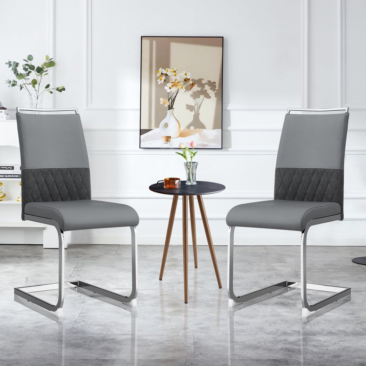 Moderne eetkamerstoelen, set van 2, PU-leer en linnen rugleuning, hoge gestoffeerde stoel, horizontale strepen op de rugleuning, geschikt voor eetkamer, keuken, gastenkamer of kantoor, grijs