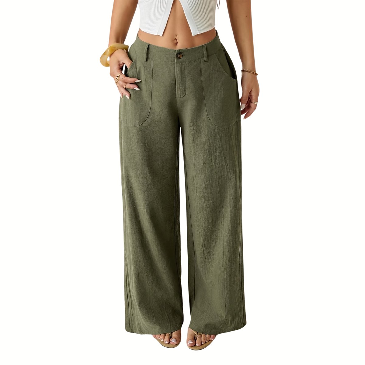 Currero Linnen Broek Dames Zomerbroek Volwassenen Lange Broek Pantalon Strandbroek Zomer Ibiza Stijl Varengroen