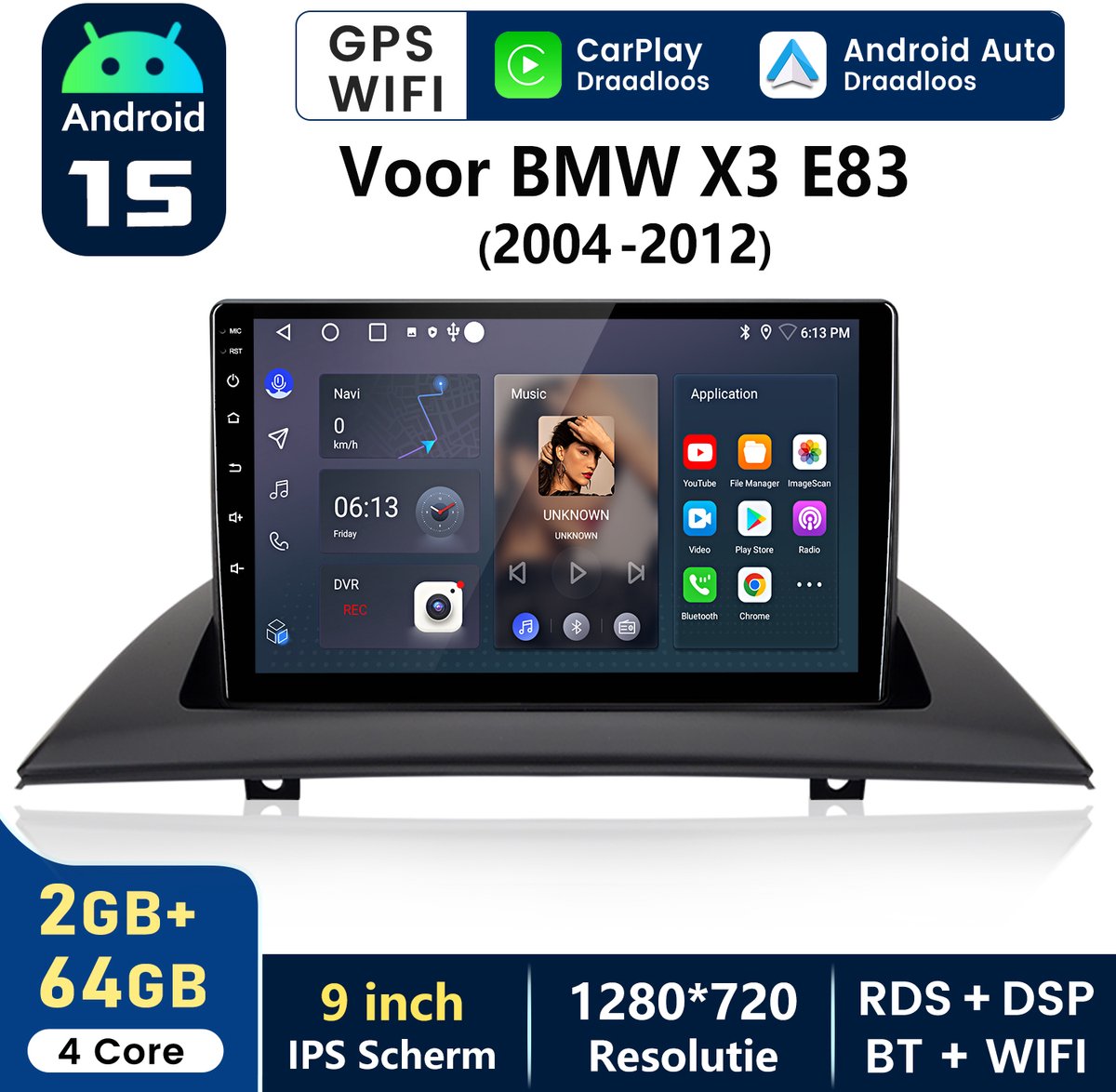 HexinexMarket - Autoradio Geschikt voor BMW X3 E83 2004-2012 - Draadloos CarPlay Android Auto GPS Navi multimediaspeler - 6GB+128GB