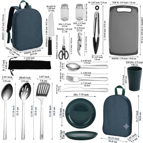 Complete Camping Kookgerei Set – 23-delig BBQ Kookgerei & Bestekset voor 4 Personen, RVS Kookgerei met Snijplank, Flesopener & Kruidenflessen – Draagbaar Outdoor Servies voor Kamperen, Picknick & BBQ — afbeelding 2