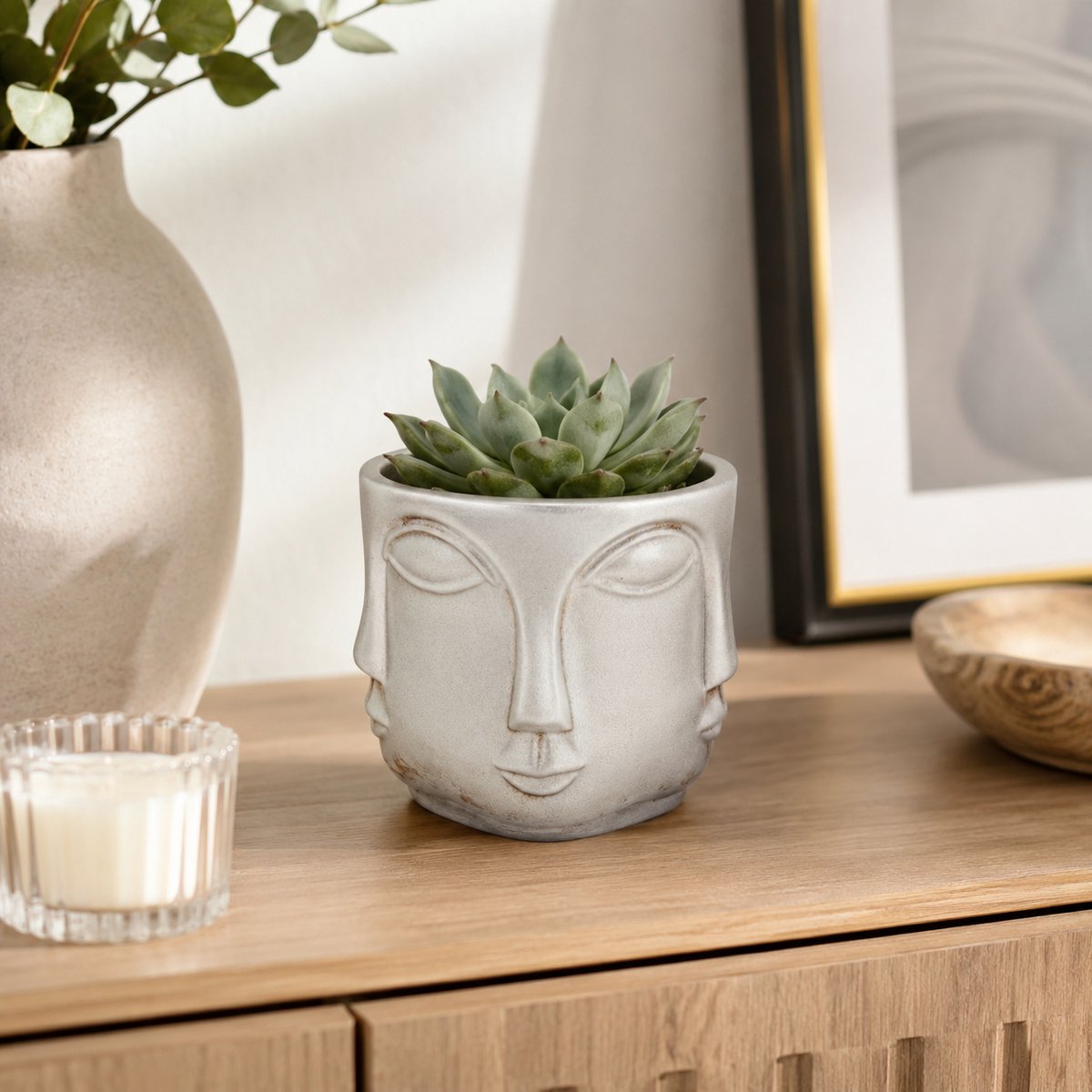 Zilverkleurige Bloempot met 4 Gezichten – Ronde Decoratieve Plantenpot Ø11,2 x 10,4 cm – Moderne Gezicht Bloempot / Face Planter – Voor Vetplant, Cactus, Kunstplant, Bloemen & Woondecoratie – Luxe Interieur Accessoire voor Vensterbank, Dressoir