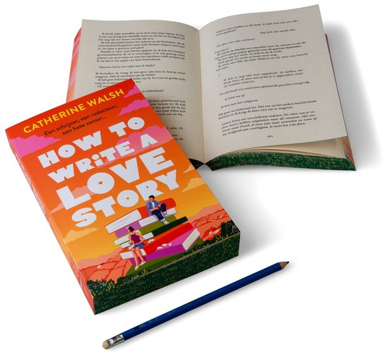 Een boek met de titel "How to Write a Love Story" van Catherine Walsh, liggend op een bureau met een potlood ernaast.