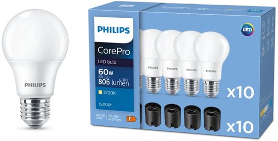 Philips CorePro LED peerlamp met E27 fitting, 8W, 806 lumen, 2700K.