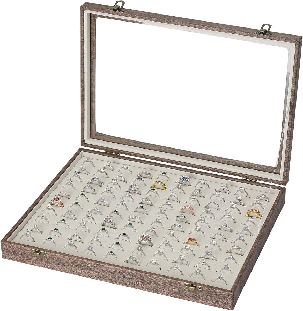 Ring Organizer - Sieraden Display - Sieraden Opbergen - Transparant Deksel - 100 Slots - Houtstijl