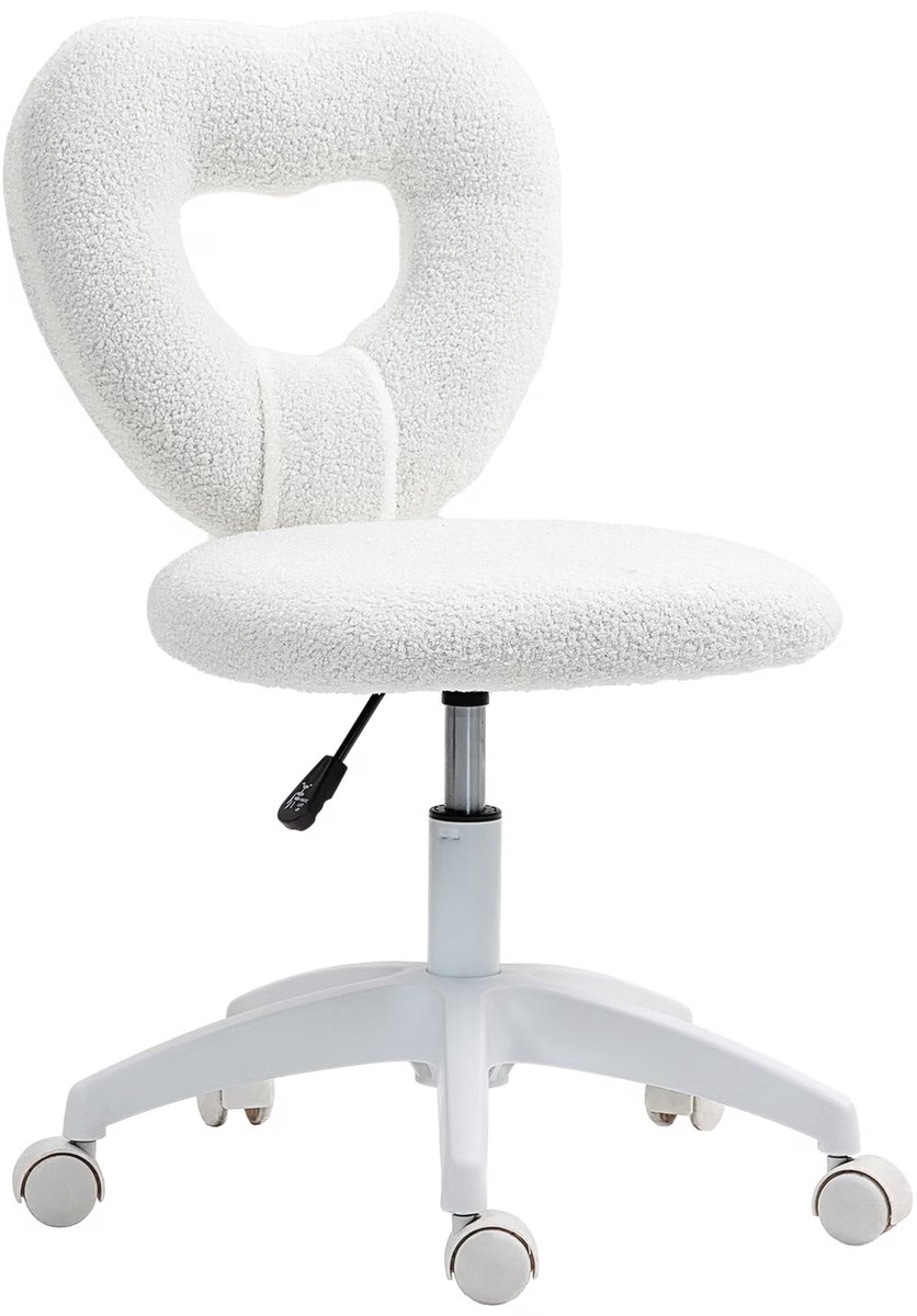 CINK Living® Teddy Bureaustoel Hartvorm – Draaibare Make-up Stoel met Wielen – Verstelbare Werkstoel – Bouclé Kantoorstoel – Wit
