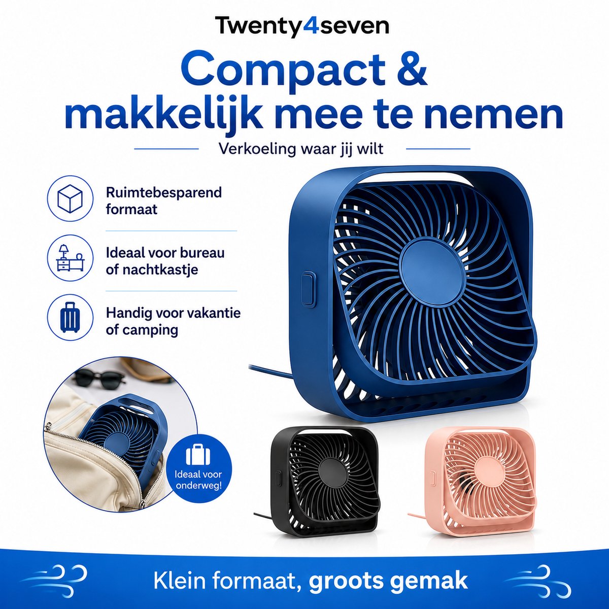 Twenty4seven® Mini Tafelventilator - Ventilator Oplaadbaar - Handventilator Roze - Vloerventilator met 3 Standen — afbeelding 6
