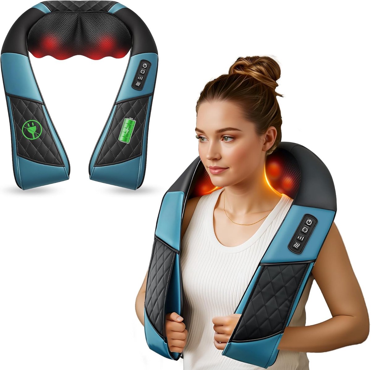 COMFIER Massagekussen-Nek en Schouder Massage Apparaat-Shiatsu Massagekussen - Draadloos Massagekussen met Warmtefunctie - Zwart/Blauw