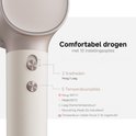 Close-up van de bedieningsknoppen van de haardroger, met uitleg over snelheden en temperatuurinstellingen. Text: Comfortabel drogen met 10 instellingopties