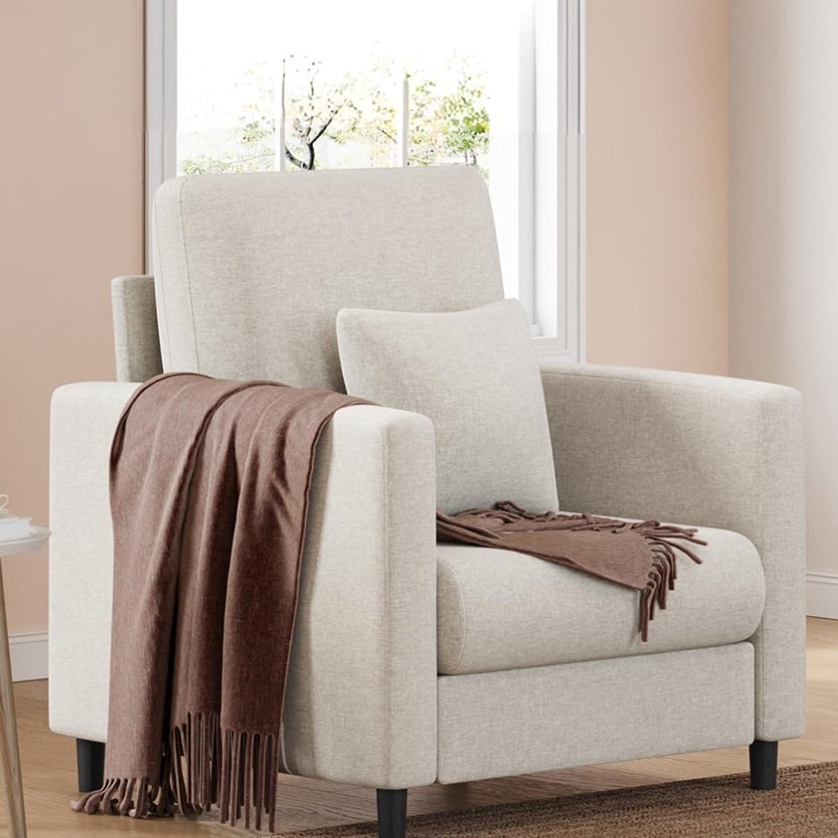 Eenzitsbank - Relaxstoel Comfortabel met Armleuning en Rugleuning - Gestoffeerd Mini Bank - Fauteuil Leesstoel geschikt voor Woonkamer Kantoor of Werkkamer - Beige