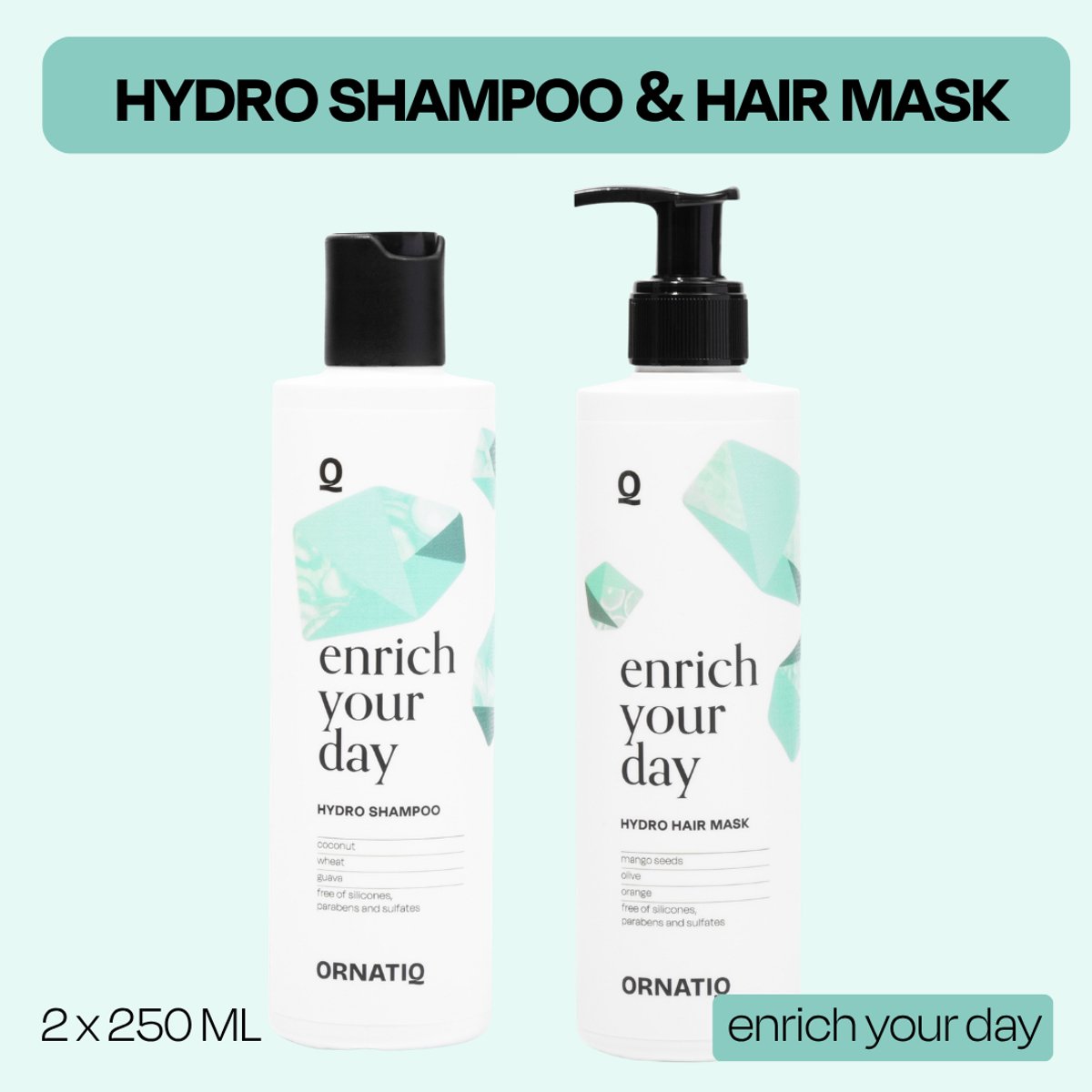 Ornatiq Shampoo + Hair Mask - set van 2 - Intens Herstel - Hydro Repair Duo - Haarmasker voor droog & beschadigd haar - Herstellende Keratine behandeling - 250ml