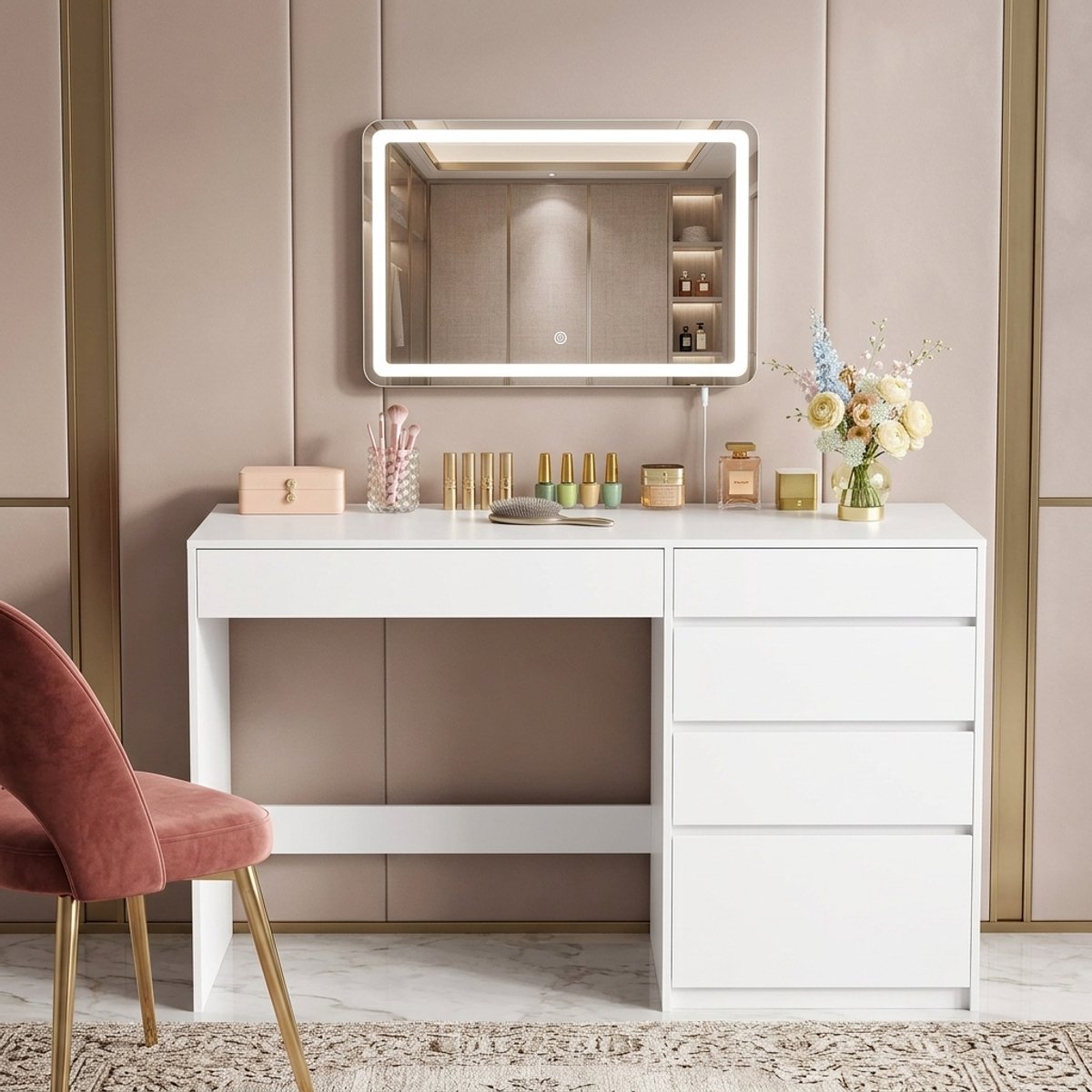 Luxe Kaptafel met LED Spiegel - Wit - Bureau LED Spiegel 5 Lades - Medahomestore