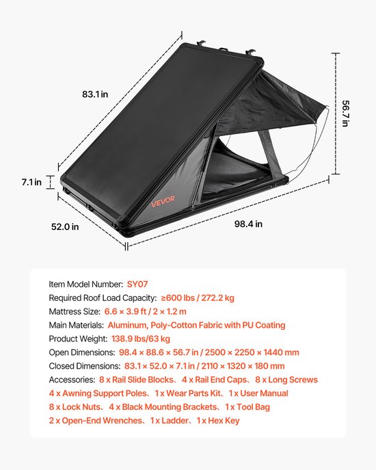 VEVOR Daktent Hard Shell, 2-3 Persoons Aluminium Daktent Hardshell met Tri-Color LED Licht & Dik Mattres, Waterdicht Winddicht Overland Kachet Dakkluizendrager Geschikt voor Jeep SUV Pickup van Vevor — afbeelding 3