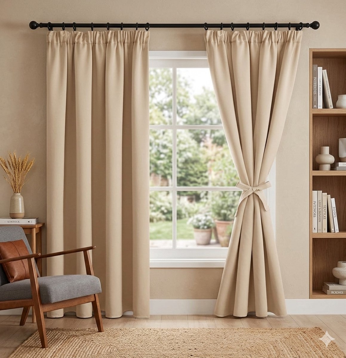 Maison Elara Beige Verduisterende Gordijnen met Plooiband en Riemen 117x137 cm 2 Stuks - Thermisch en Geluiddempend voor Woonkamer en Slaapkamer