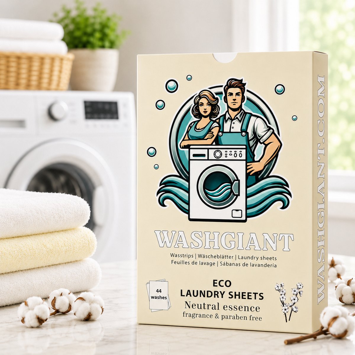 Washgiant Wasstrips Neutral Essence – Parfumvrij Wasmiddel – Wasmiddeldoekjes – Microplasticvrij – 44 Wasbeurten