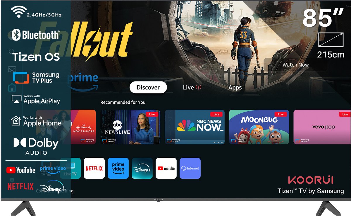 Koorui Tizen by Samsung Smart TV - QLED 4K Ultra HD - 85 inch/216 cm - Voice Controle - Streaming apps – AirPlay – Hotelmodus - HDMI x3, USB x2, CI+ - Tripple Tuner DVB-T/T2/S/S2/C - Frameless Design - Geassembleerd in Nederland - K85D3UQ-T8