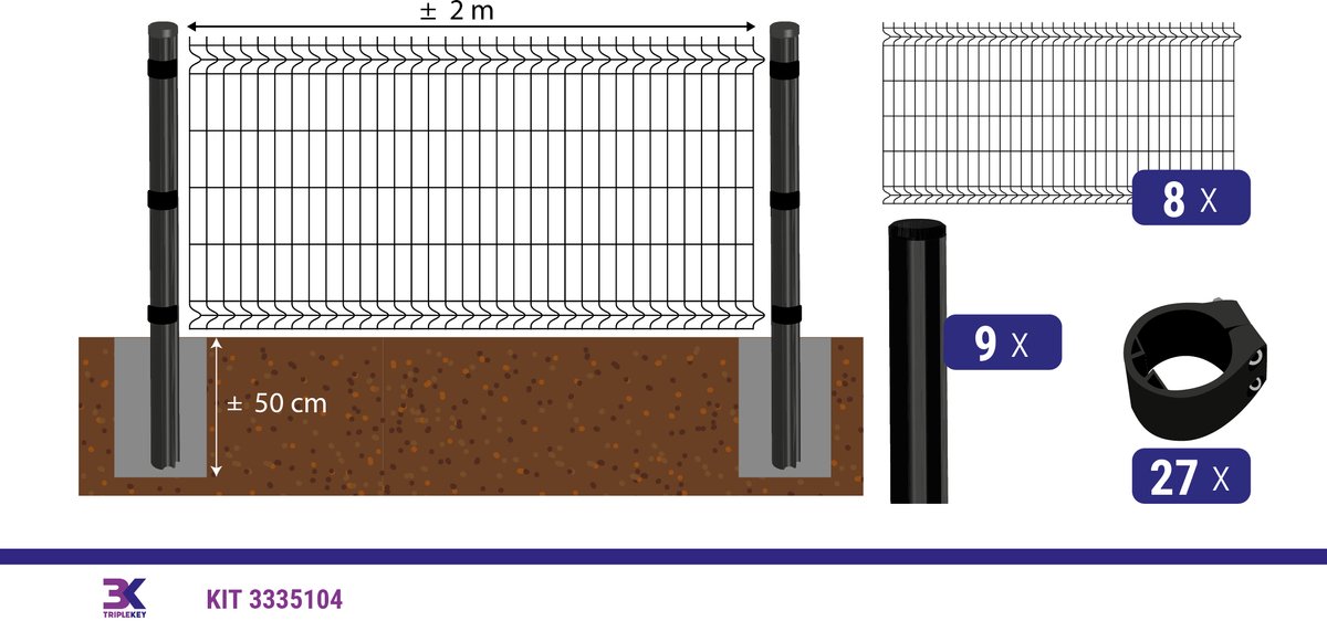 KIT 29 draadpaneel + palen en klemmen, lengte 16m, hoogte 103cm, kleur zwart RAL 9005