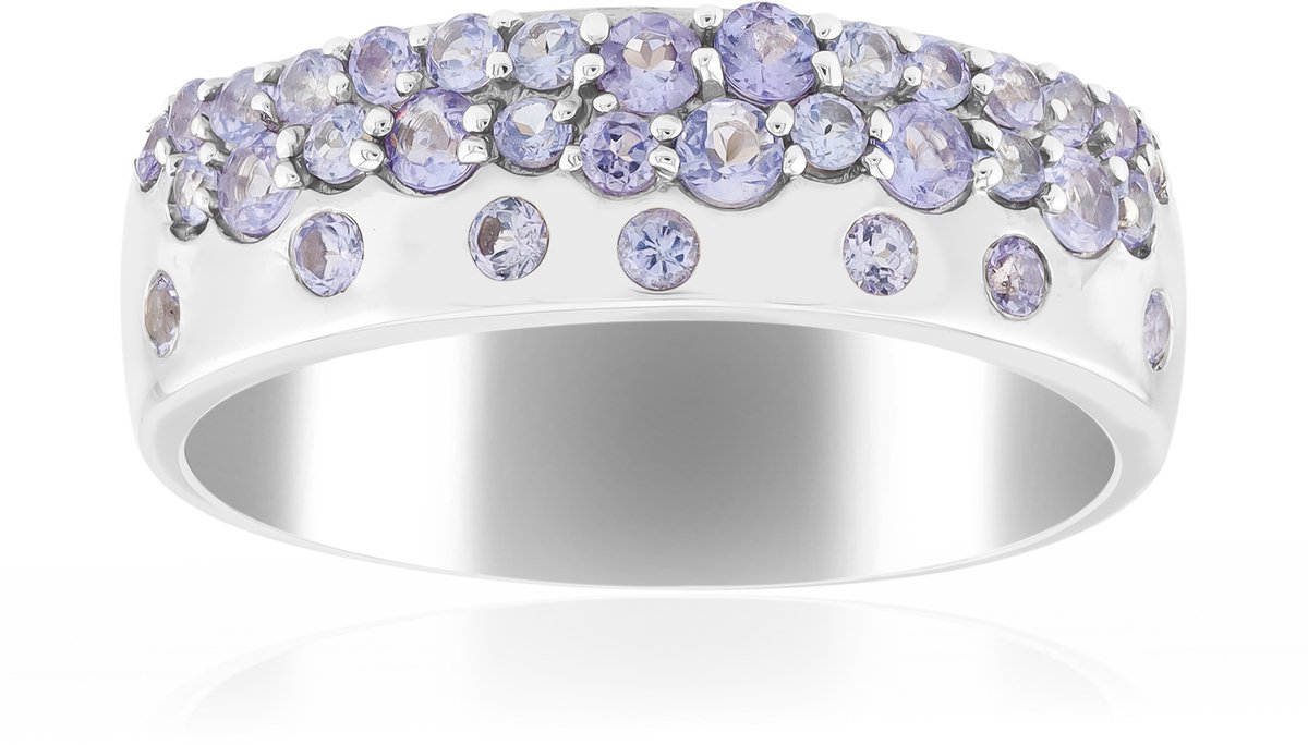 Cavill - Zilveren Ring 925 Sterling - Platina Verguld - Tanzaniet Rondgeslepen 0,77 ct - Brede Bandring - Elegante Moderne Sieraden