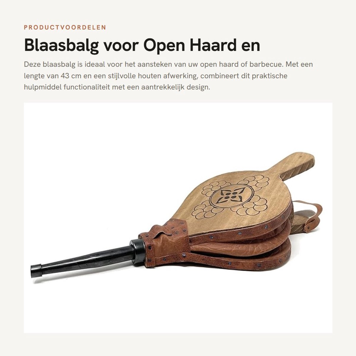 Dailygoods- Blaasbalg 43 cm - Blaasbalg Open Haard - Hout Naturel - Gemaakt in Spanje - Familiebedrijf - Praktische Oplossingen - Haardblazer